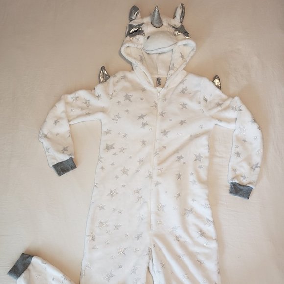 Ladies one piece unicorn pajama, white/silver with hood, size XS - Picture 1 of 3